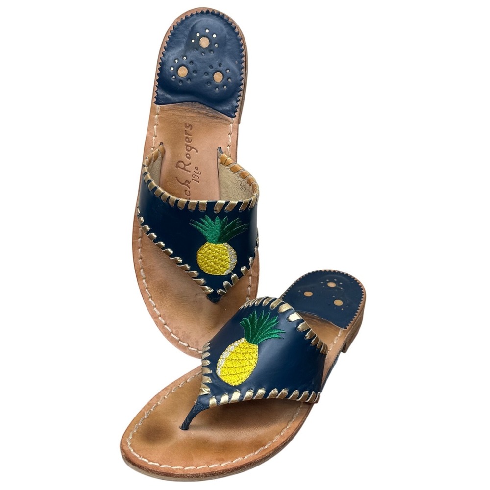 Jack‎ Rogers Womens 6 Navy Leather Pineapple Embroidered Jacks Flat Sandals Gold